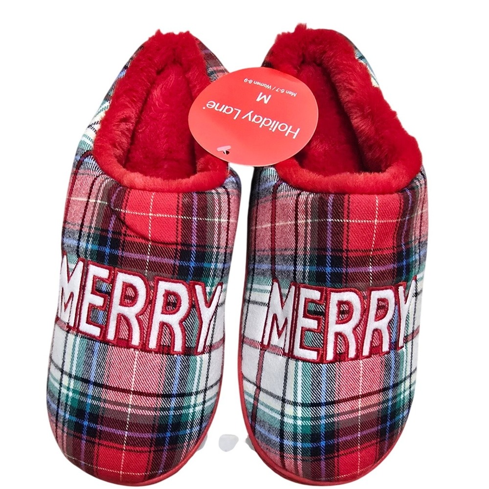 Holiday Lane Merry Red Plaid Faux Fur Lined Slippers Women 8-9 Medium New